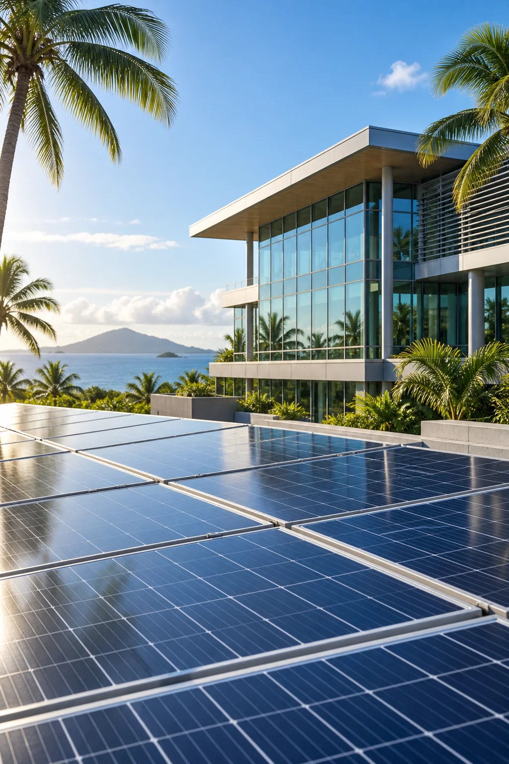 Solar panels alongside modern commercial infrastructure in a tropical setting